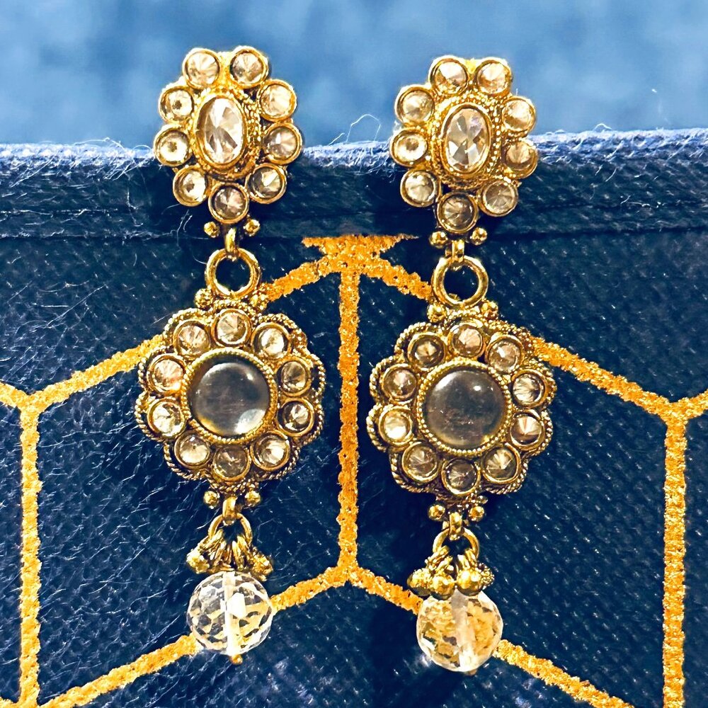 Antique Gold Finish Tear Drop Chandelier Dangle Clear Rhinestone Long Earrings